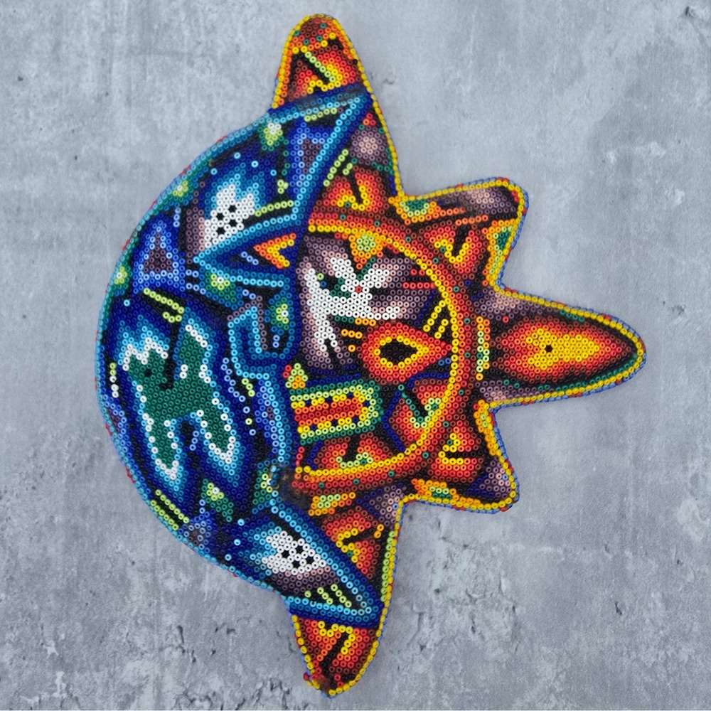 Huichol Beaded Wall Art Mexican Folk Art Sun Moon Celestial Wood Base READ